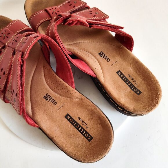 Clarks Sandals Size 7 Leisa Spring Slides Red Leather Slip On Comfort Flats - Picture 8 of 10